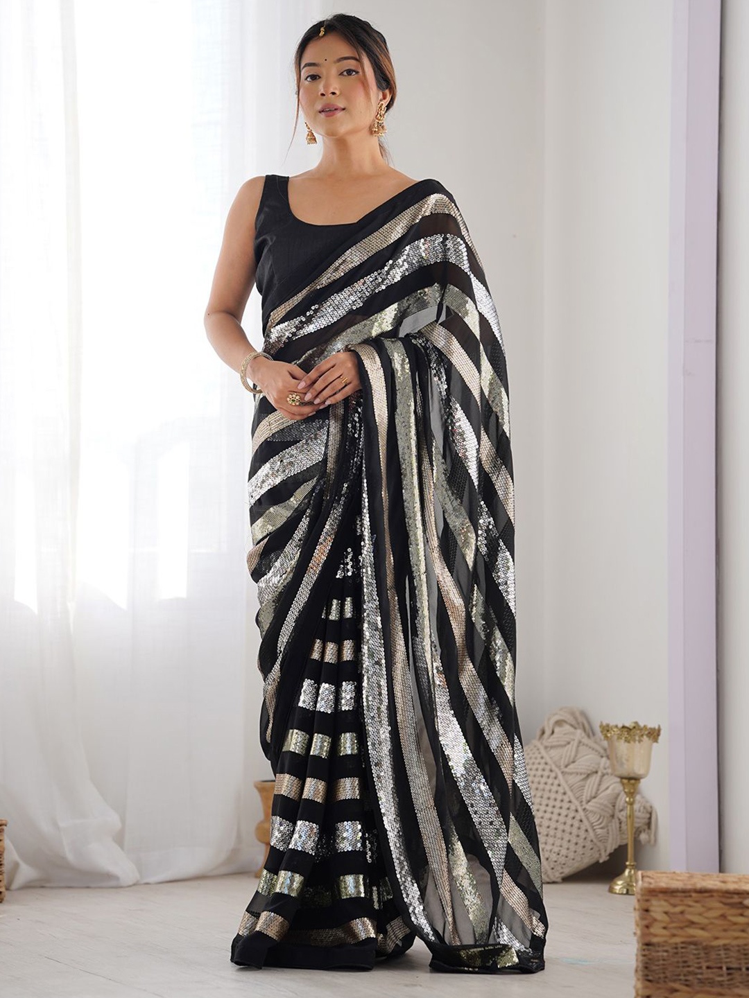 

Panzora Striped Sequinned Poly Georgette Designer Saree, Black