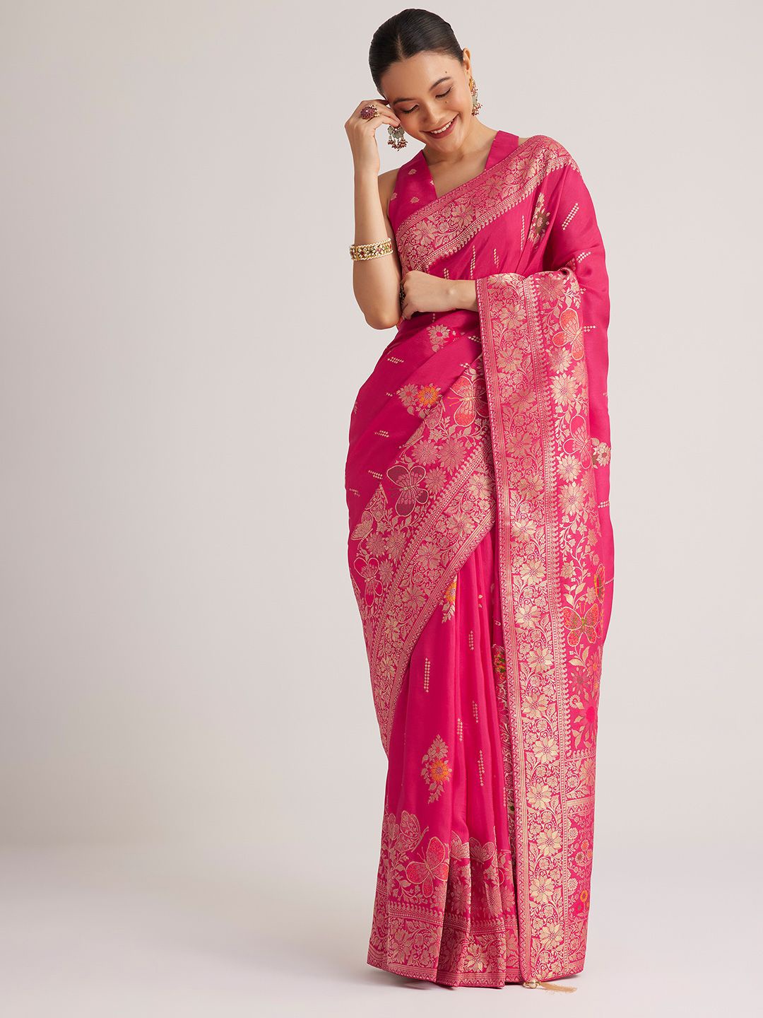 

KALKI Fashion Woven Design Zari Silk Blend Saree, Pink