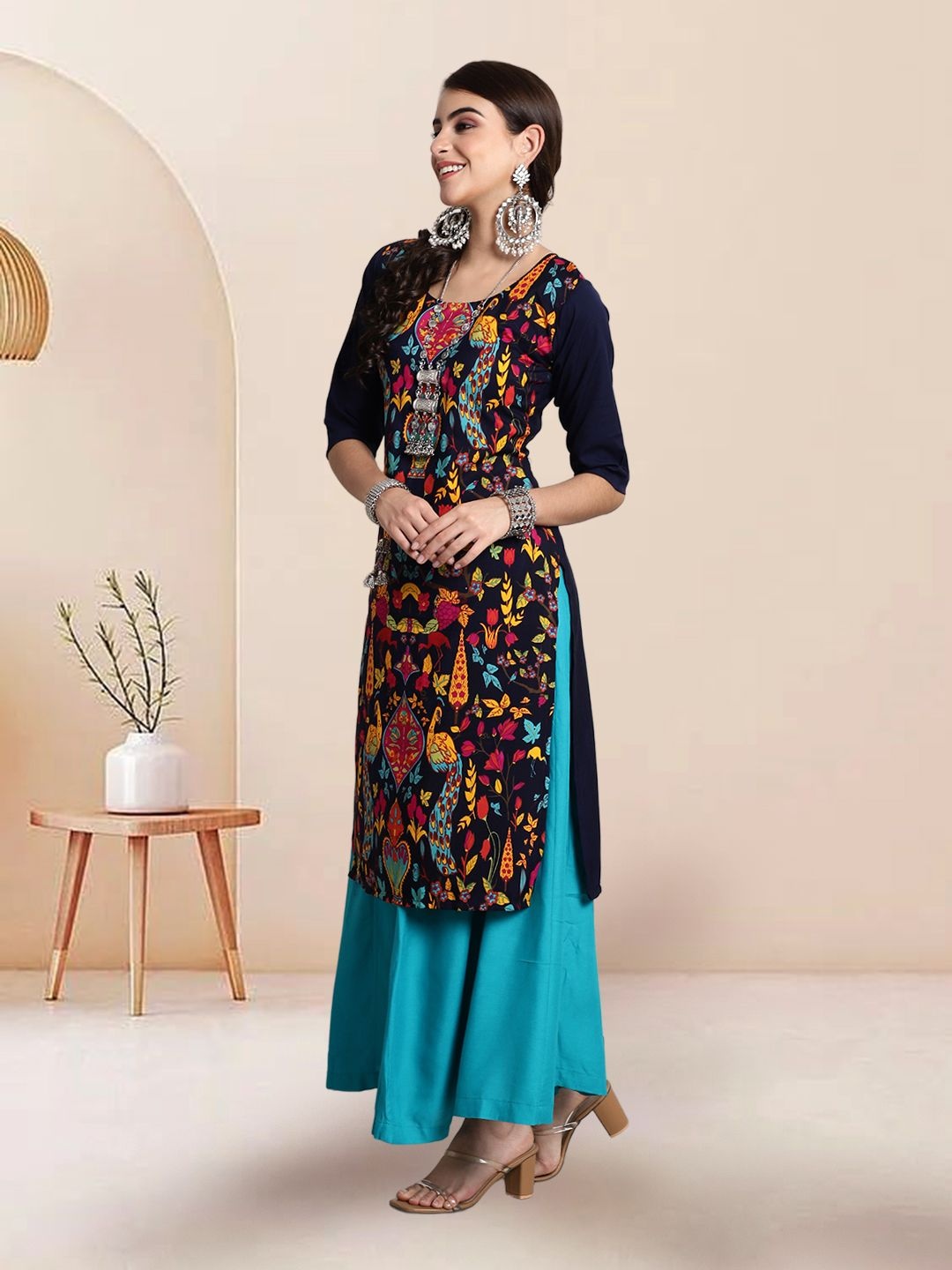 

7Threads Selection of 3 Floral Printed Round Neck Straight Kurtas, Black