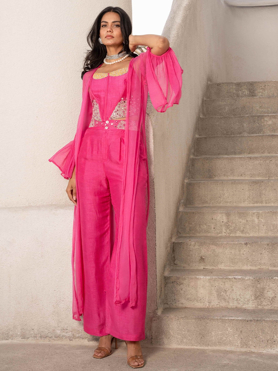 

Pallavi Jaipur Embroidered Shoulder Straps Top And Shrug With Palazzo, Fuchsia