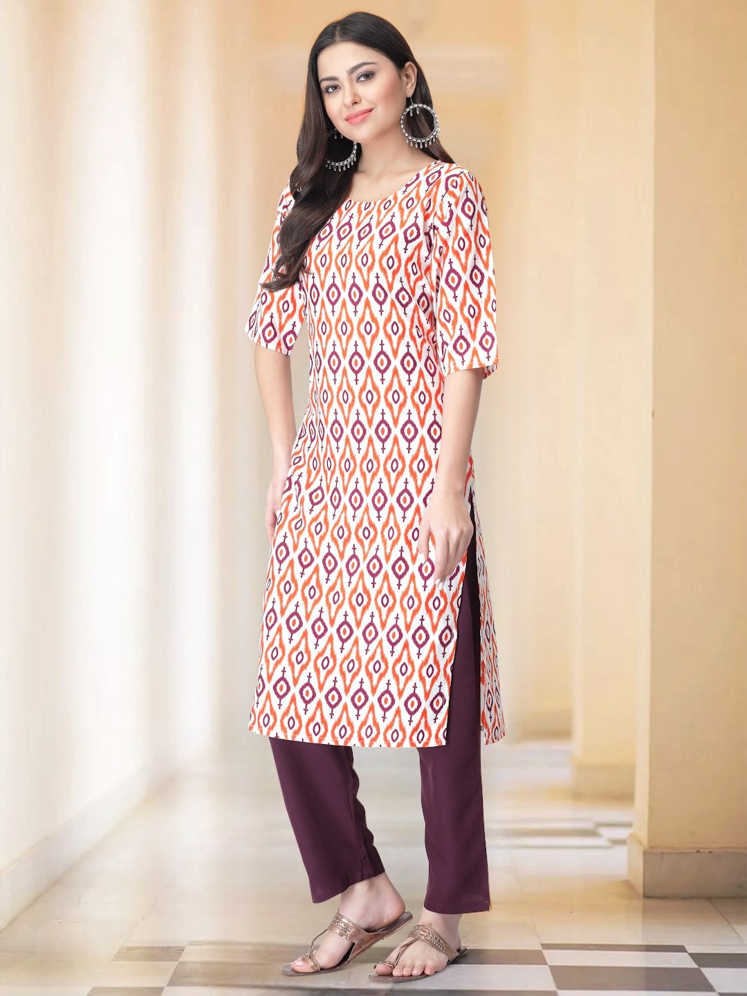 

7Threads Geometric Printed Round Neck Straight Kurta With Trouser, White