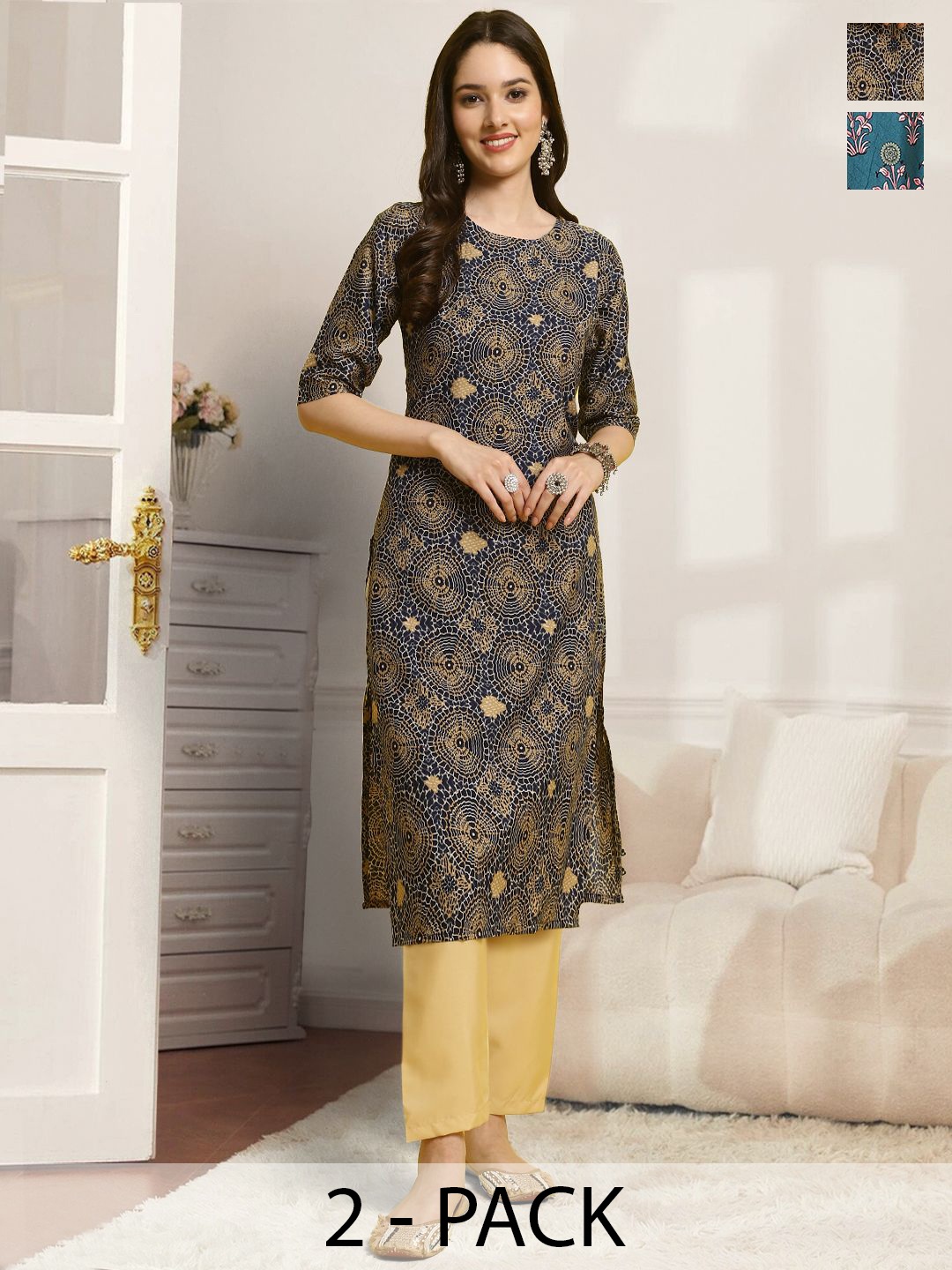 

7Threads Selection Of 2 Ethnic Motifs Printed Round Neck Straight Kurtas With Trousers, Blue