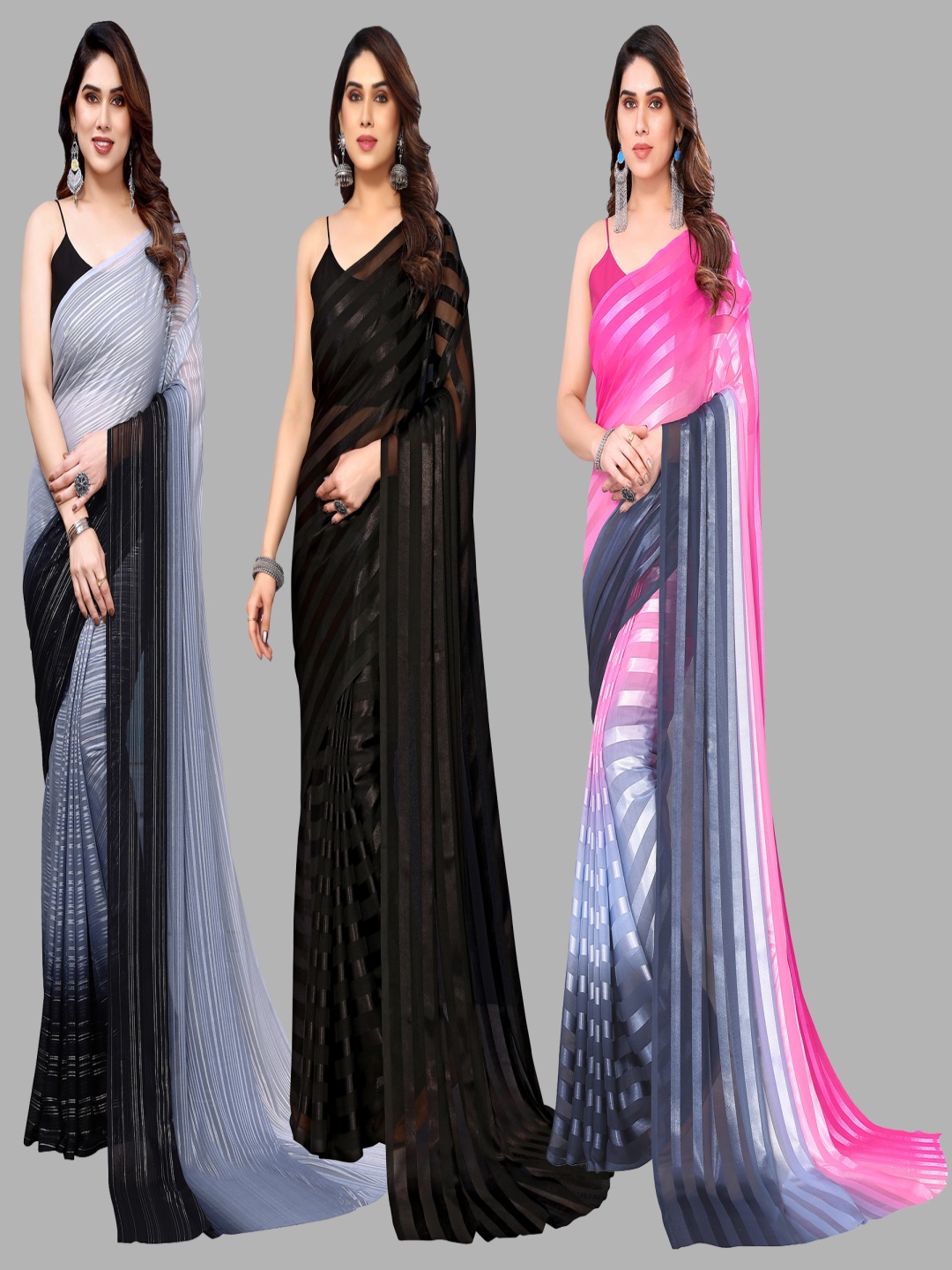 

ANAND SAREES Striped Satin Saree, Black