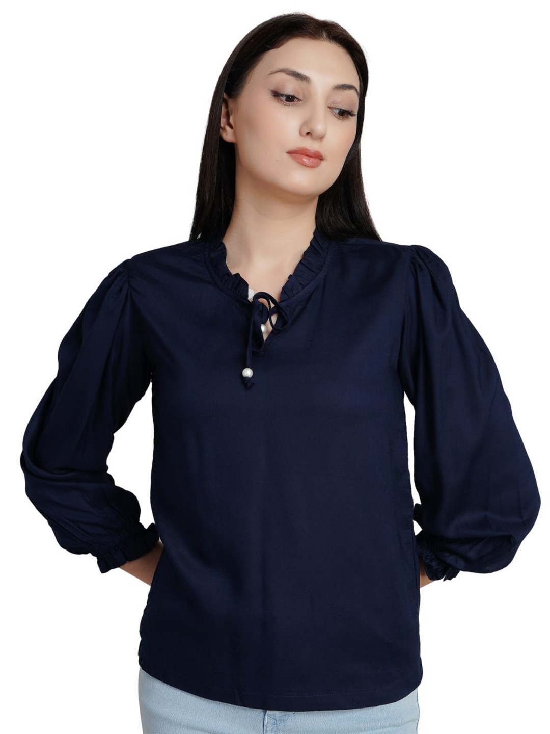 

Kiarabel Retail Tie-Up Neck Liva Top, Navy blue