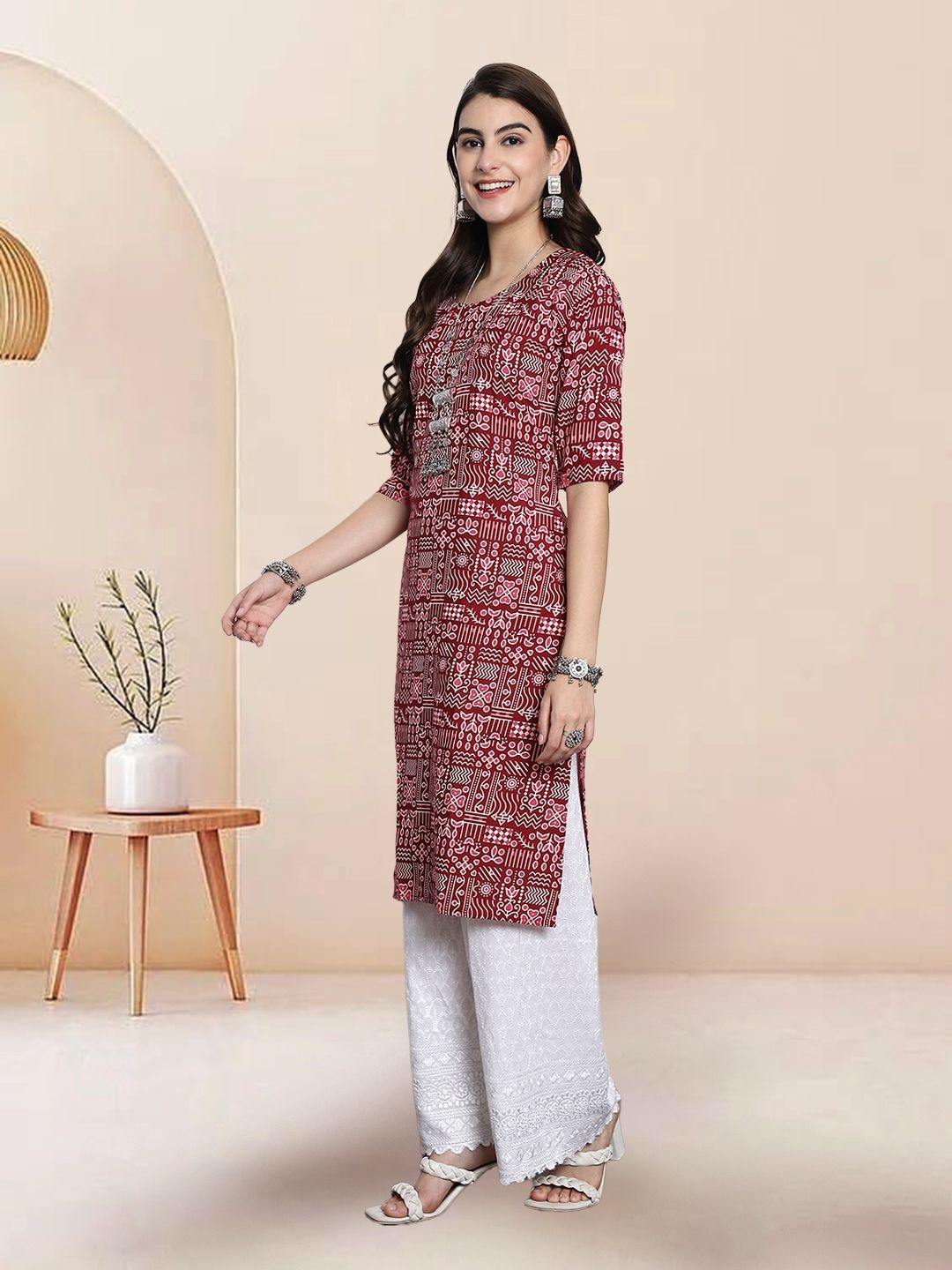 

7Threads Selection Of 3 Ethnic Motifs Printed Round Neck Straight Kurtas, Red