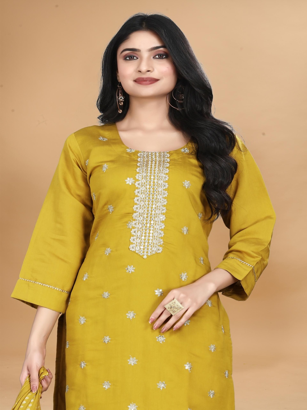 

FVD Floral Embroidered Sequinned Chanderi Silk Straight Kurta With Trousers And Dupatta, Yellow