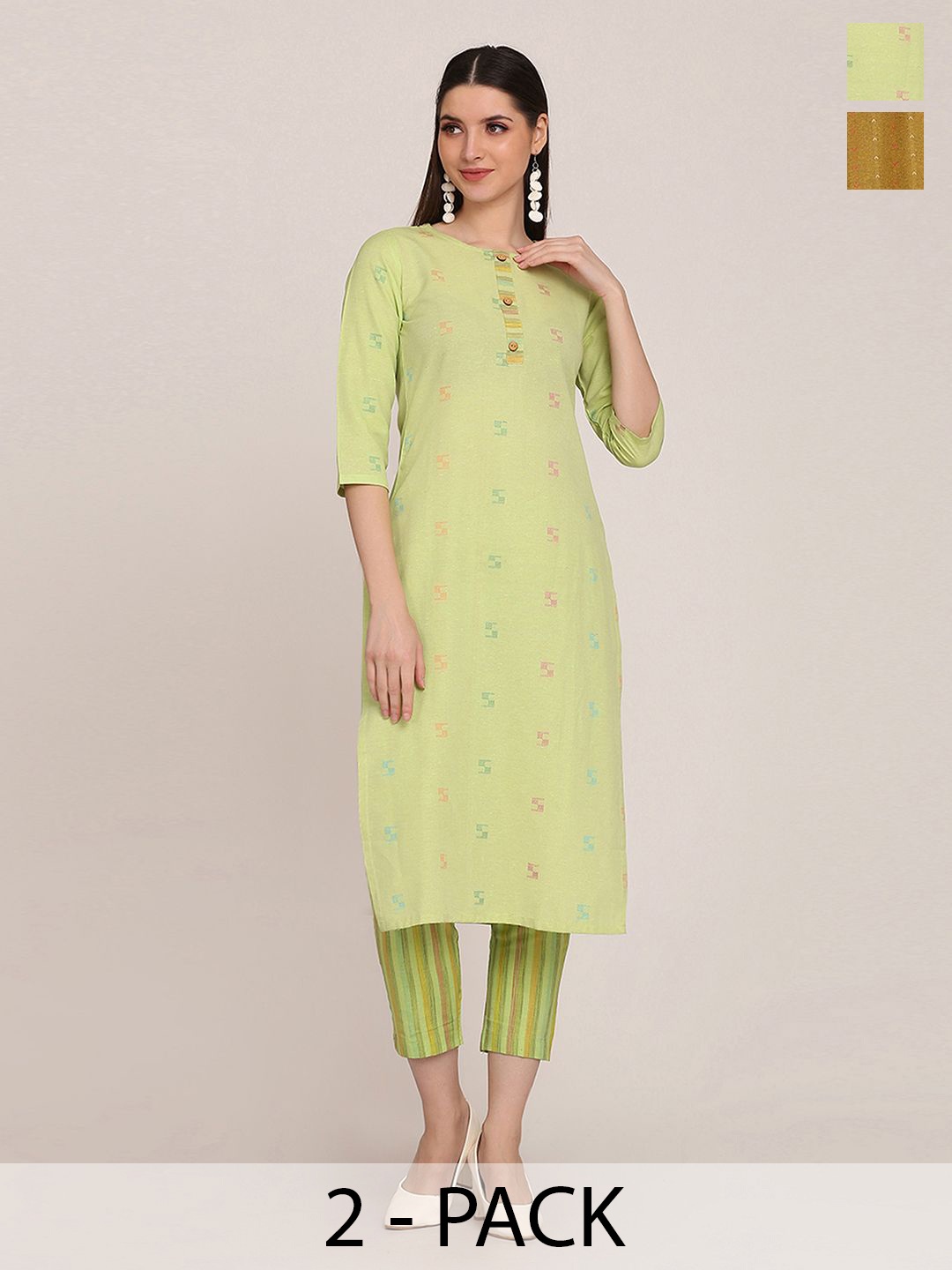 

KALINI Selection Of 2 Ethnic Motifs Woven Design Straight Kurtas With Trousers, Sea green