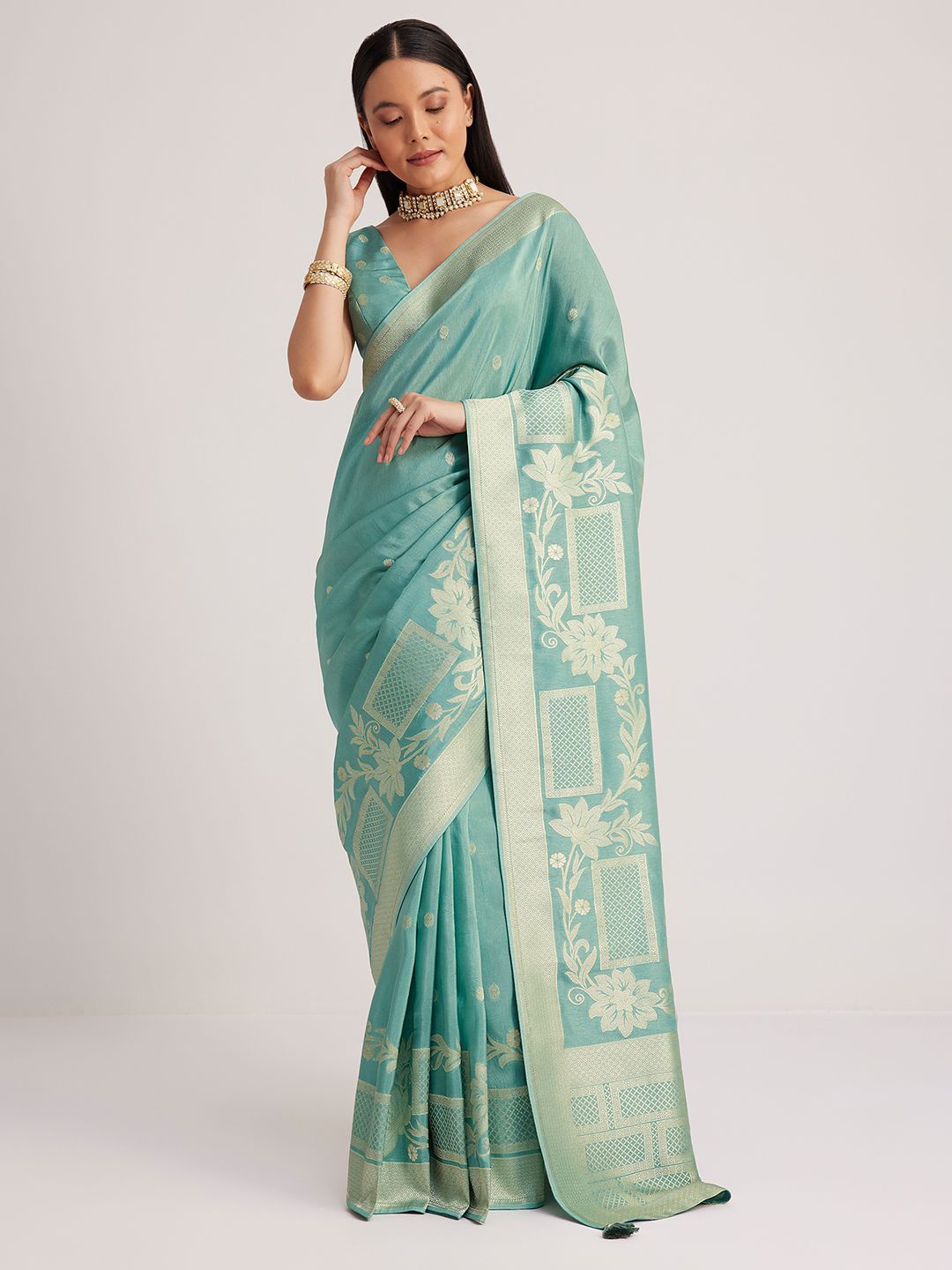 

KALKI Fashion Floral Zari Silk Blend Saree, Blue