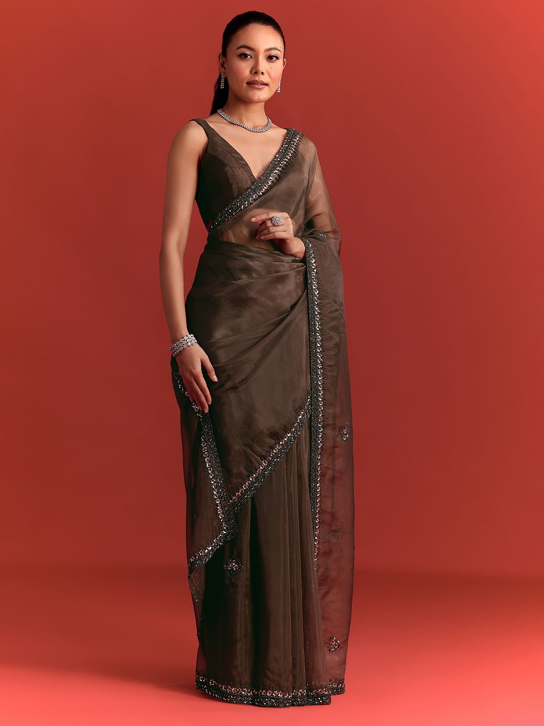 

KALKI Fashion Embroidered Tissue Saree, Brown