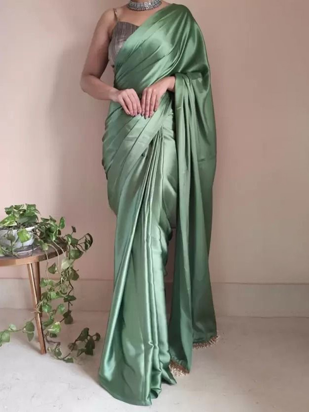 

SAADHVI Satin Saree, Sea green