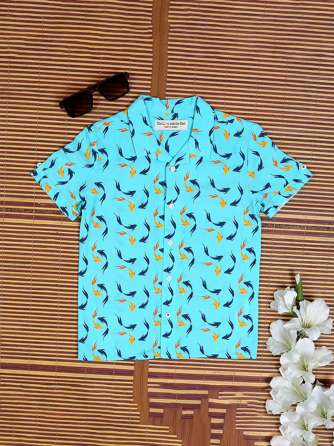 

The Lion and The Fish Boys Relaxed Fit Cuban Collar Conversational Printed Casual Shirt, Sea green