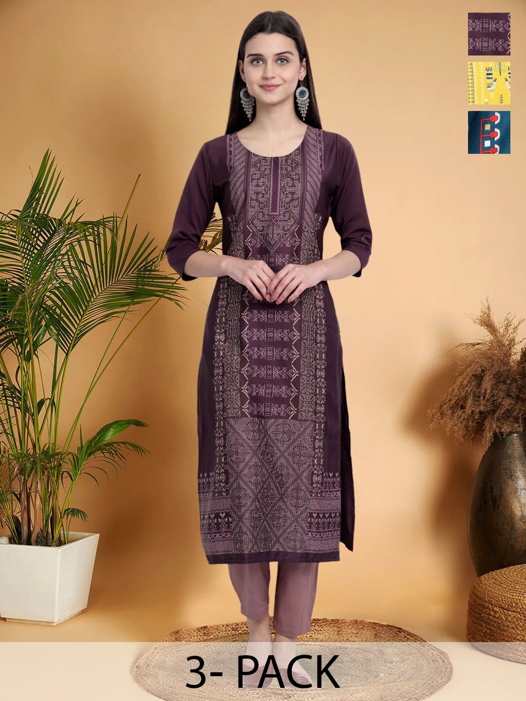 

7Threads Selection Of 3 Ethnic Motifs Printed Straight Kurtas, Purple