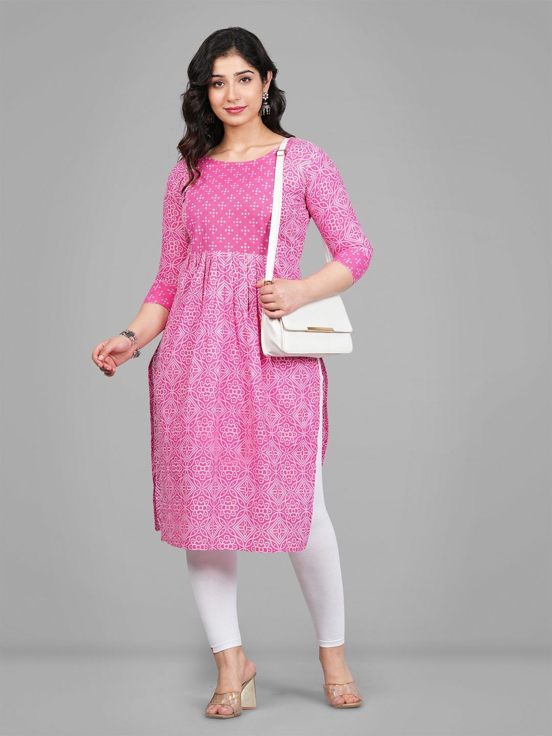 

Lerkiza Bandhani Printed Round Neck Maternity Pure Cotton Anarkali Kurta, Pink