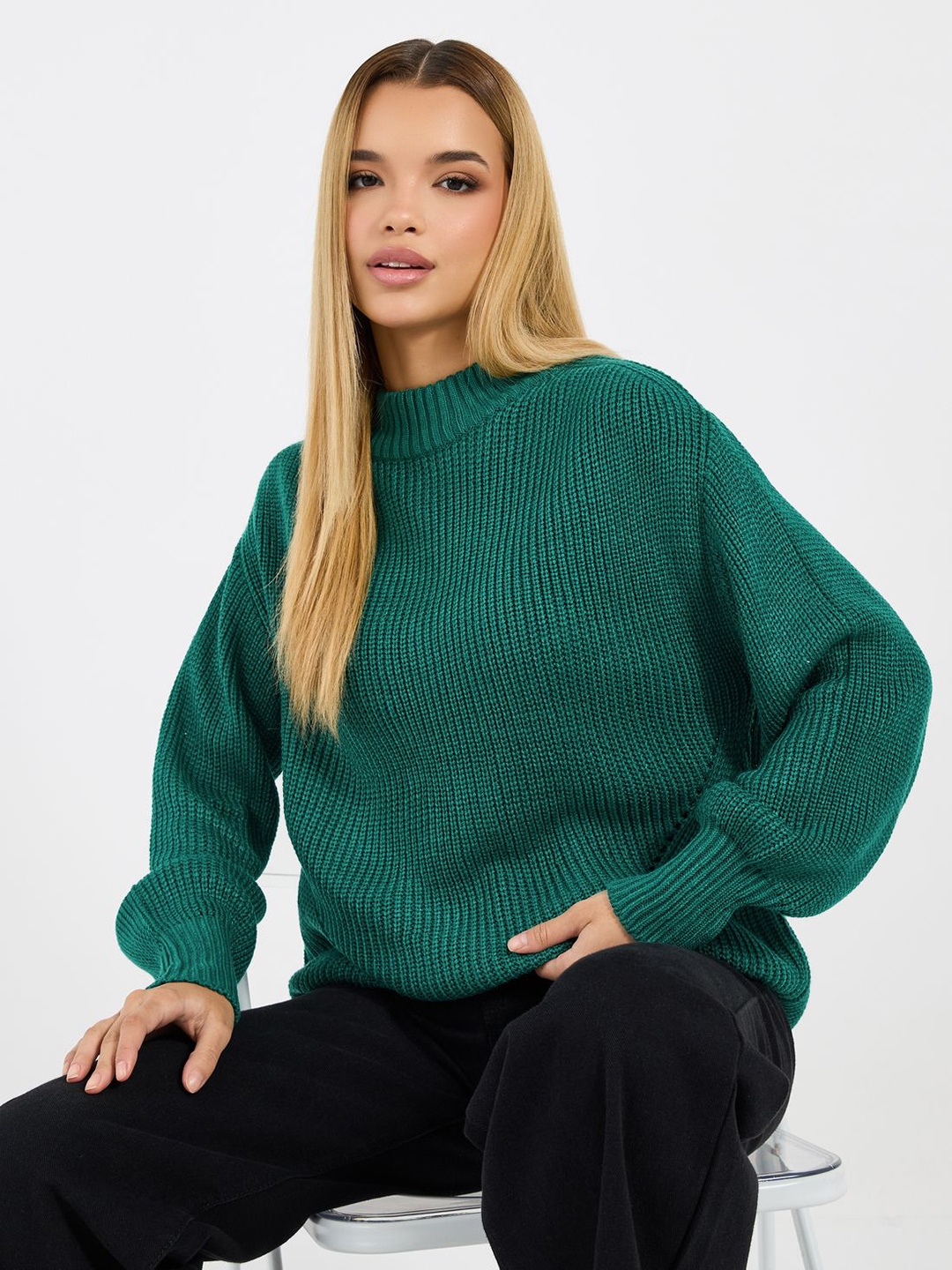 

Styli Women Round Neck Volume Sleeves Jumper, Green