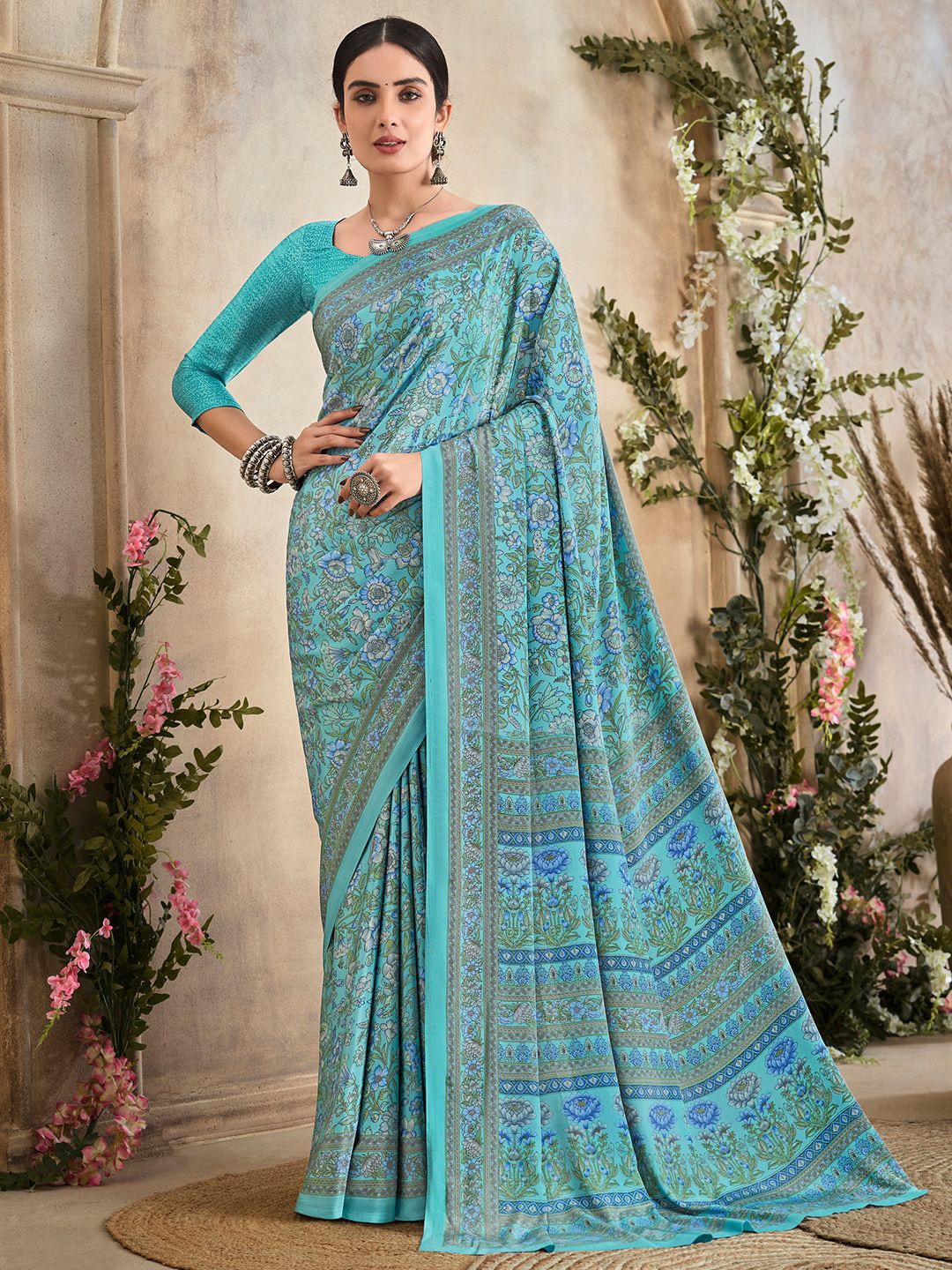 

Panzora Floral Poly Crepe Designer Saree, Blue