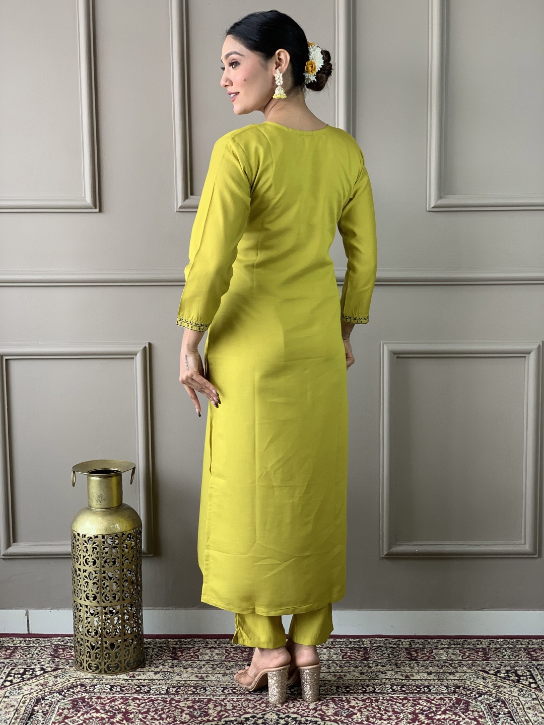 

Siya Fashion Embroidered Yoke Design Straight Kurta With Trousers & Dupatta, Green