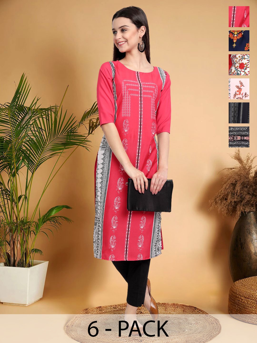 

7Threads Selection Of 6 Ethnic Motifs Printed Round Neck Kurtas, Red