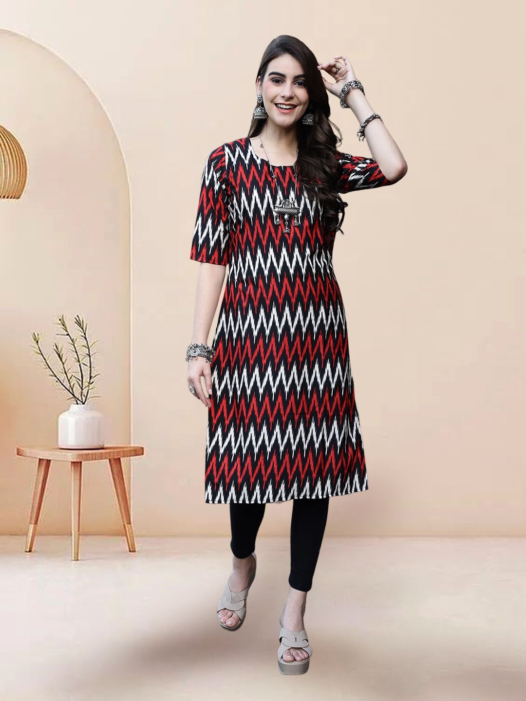 

7Threads Selection of 6 Chevron Printed Round Neck Straight Kurtas, Black