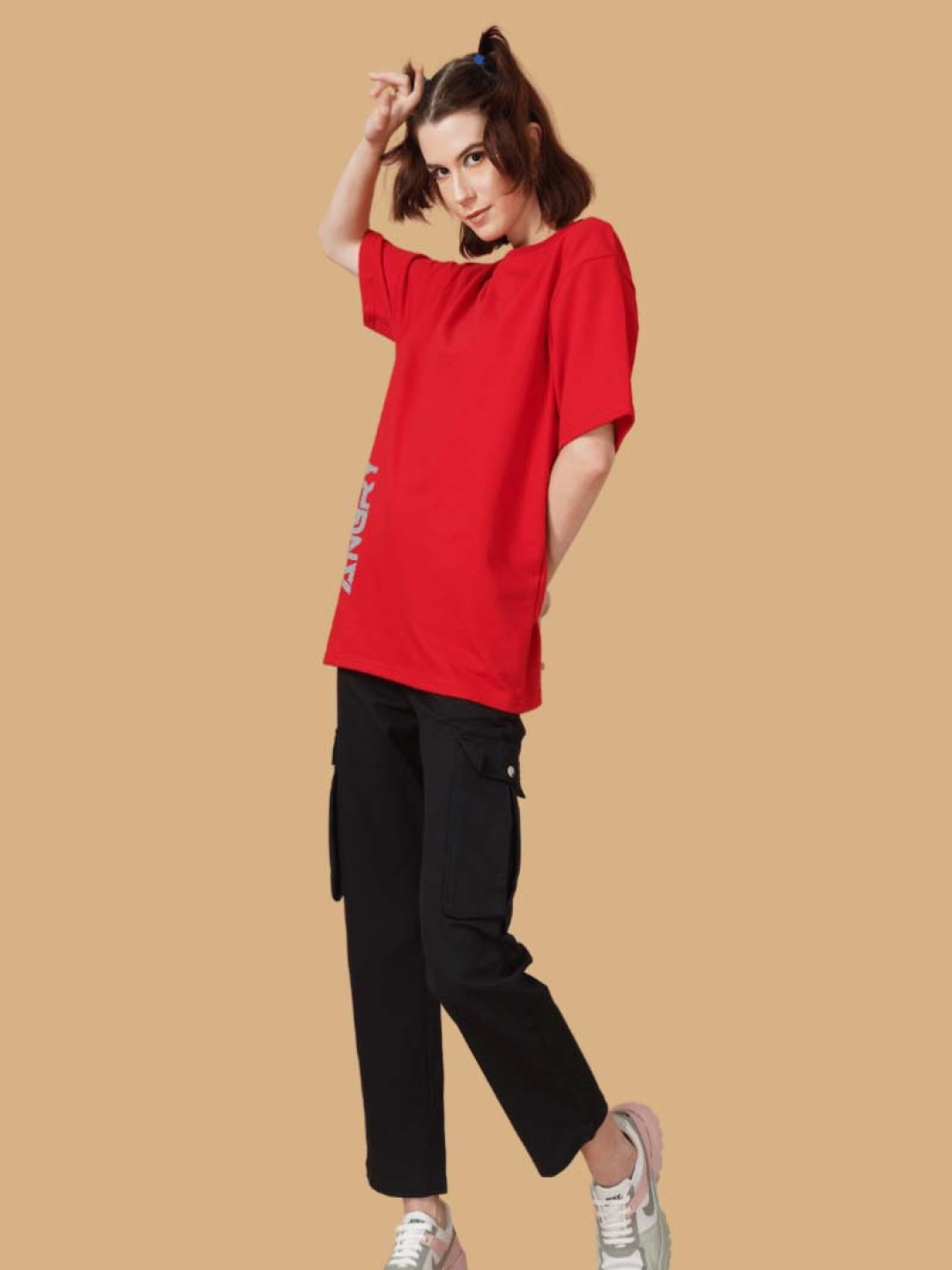 

OFFMINT Drop-Shoulder Sleeves Cotton Longline Oversized T-shirt, Red