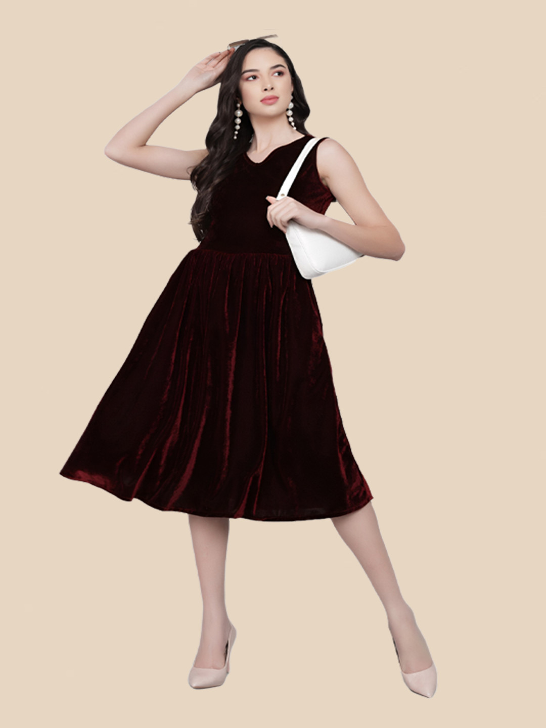

N N ENTERPRISE Fit & Flare Midi Dress, Maroon