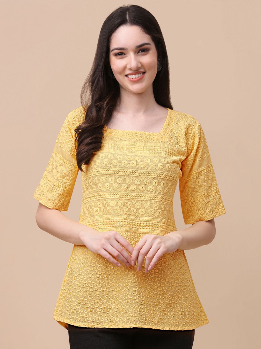 

RIEKA Embroidered Ethnic Top, Yellow