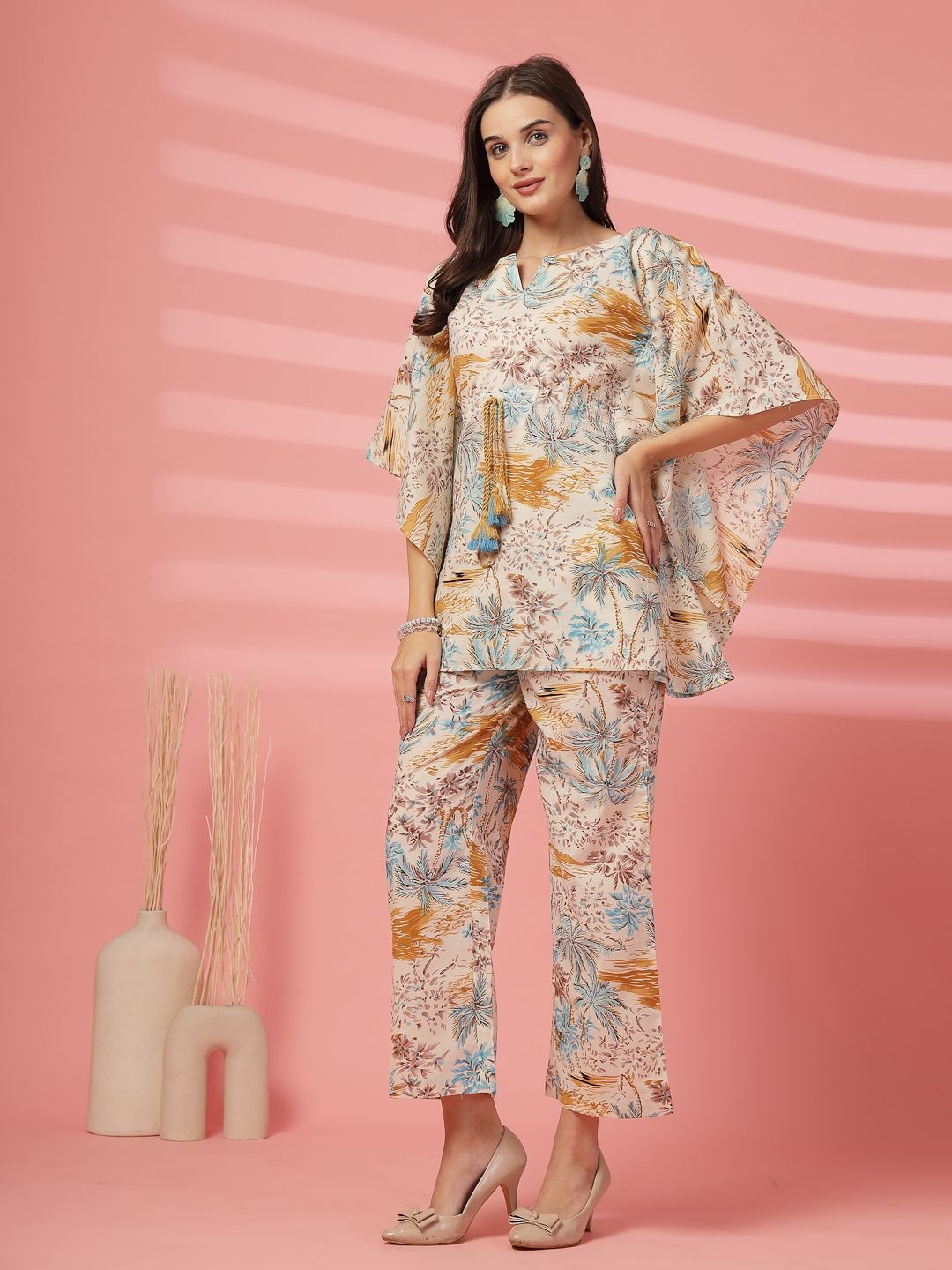 

Indibelle Printed Flared Sleeves Pure Cotton Tunic With Trouser, Mustard