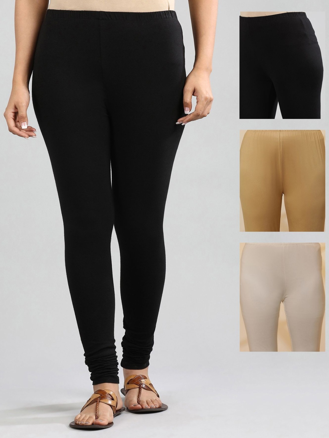 

AURELIA Pack Of 3 Mid Rise Churidar Length Leggings, Black