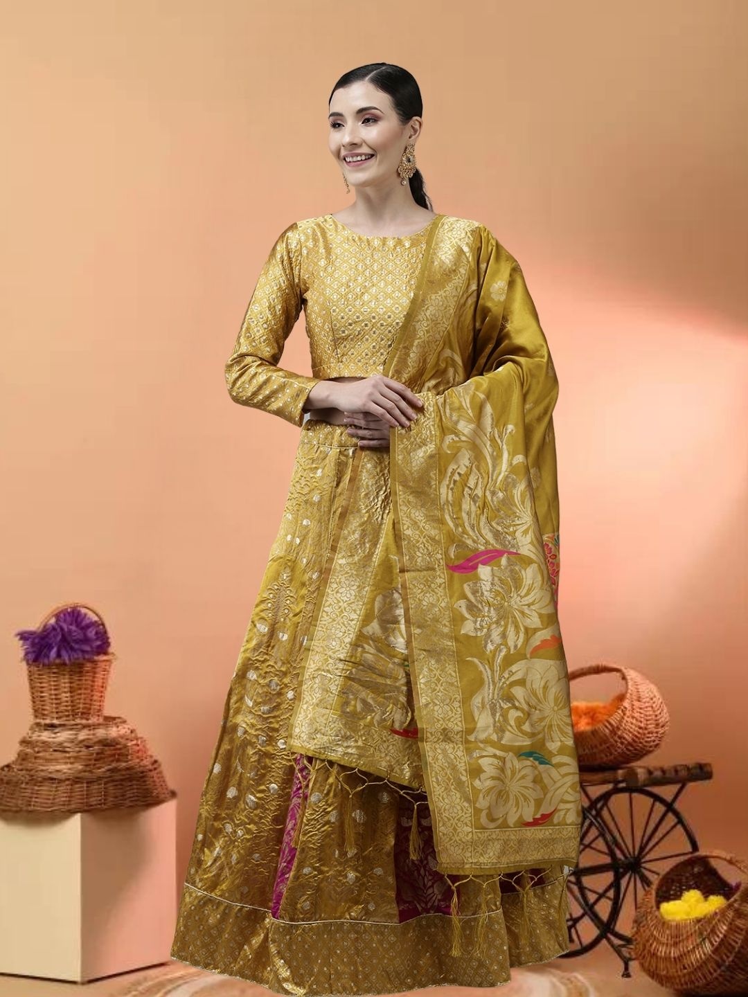 

MAGMINA Woven Design Zari Jacquard Semi-Stitched Lehenga & Unstitched Blouse With Dupatta, Mustard