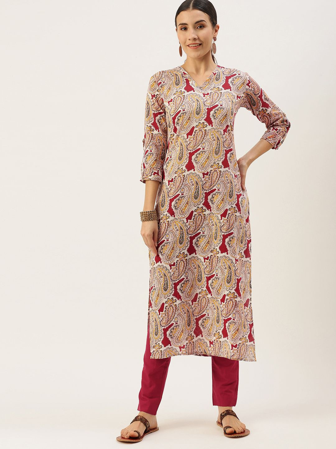 

KALINI Selection Of 2 Ethnic Motifs Printed V-Neck Straight Kurta With Trousers, Beige