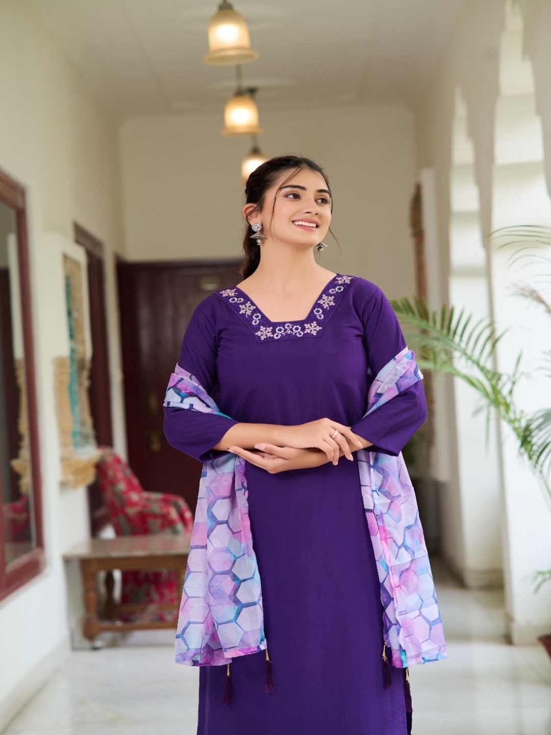 

Siya Fashion Women Yoke Design Regular Thread Work Kurta with Trousers & With Dupatta, Purple