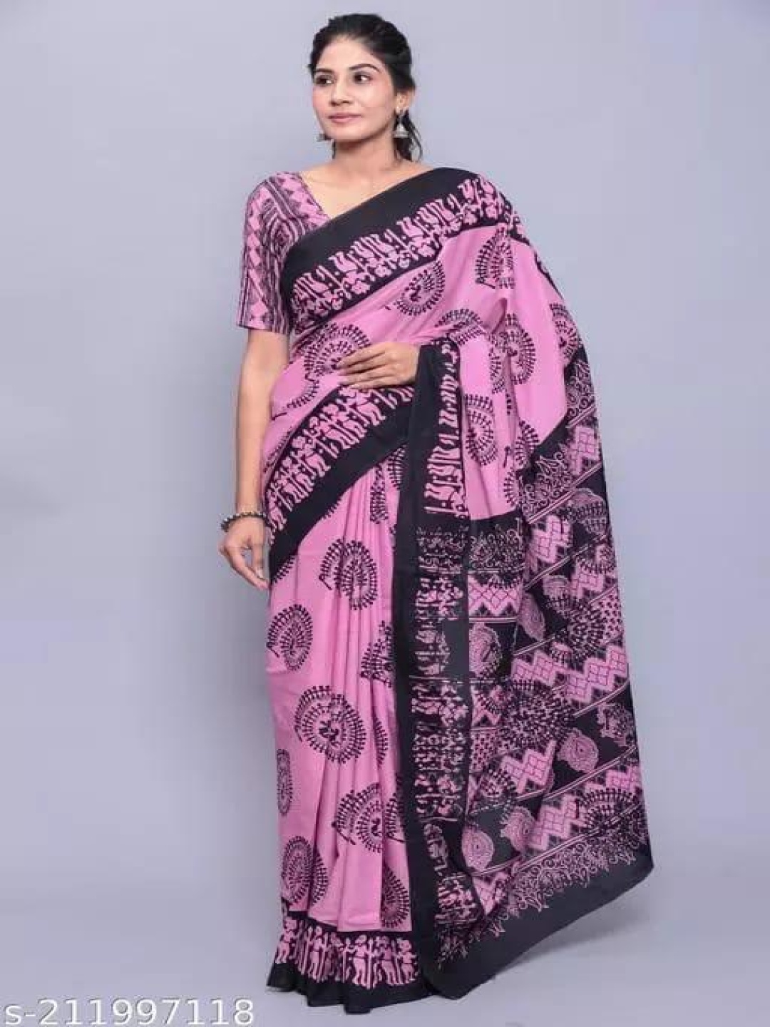 

JALTHER Ethnic Motifs Pure Cotton Block Print Saree, Pink