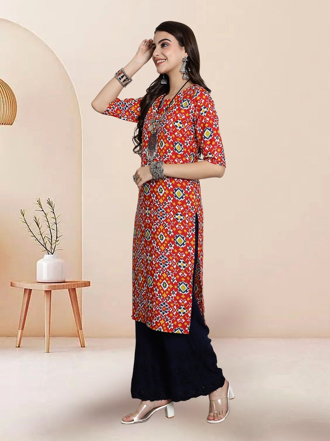 

7Threads Selection Of 3 Ethnic Motifs Printed Round Neck Kurtas, Orange