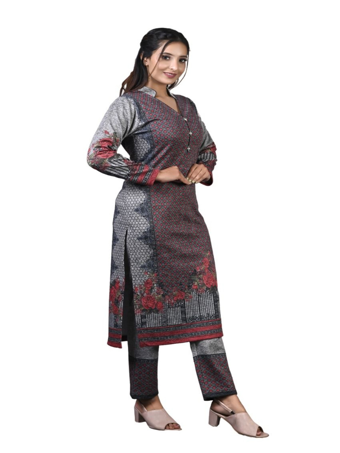 

TWENTY ME Geometric Printed V-Neck Acrylic Straight Kurta With Trouser, Grey