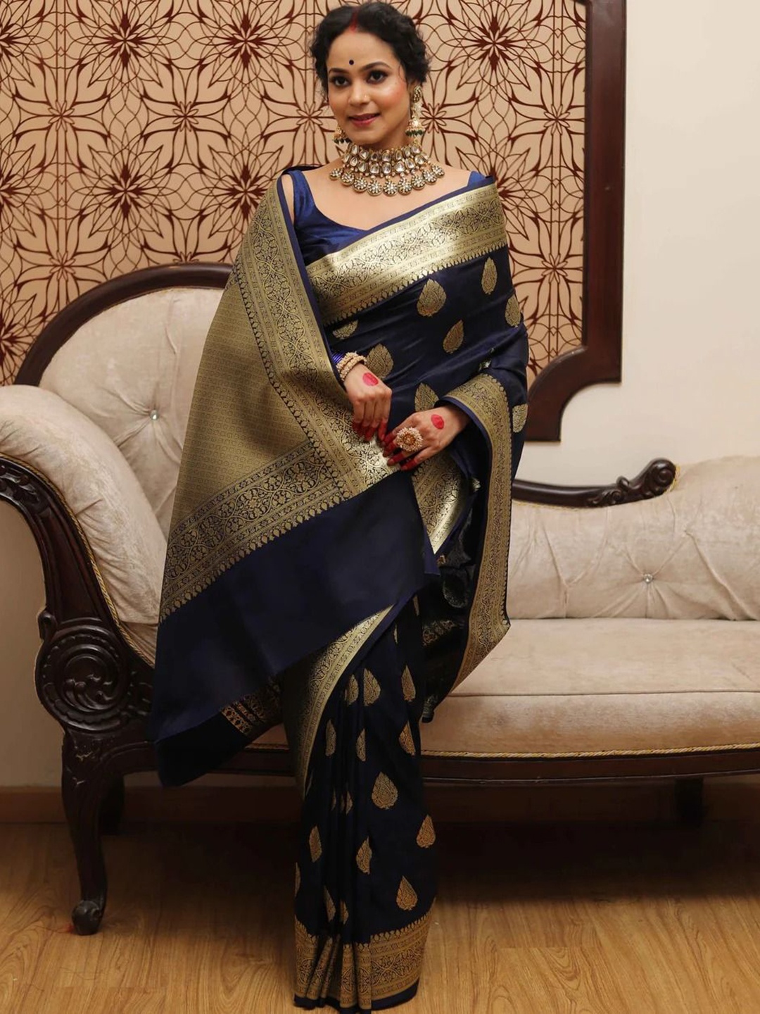 

A TO Z CART Woven Design Zari Pure Silk Saree, Navy blue