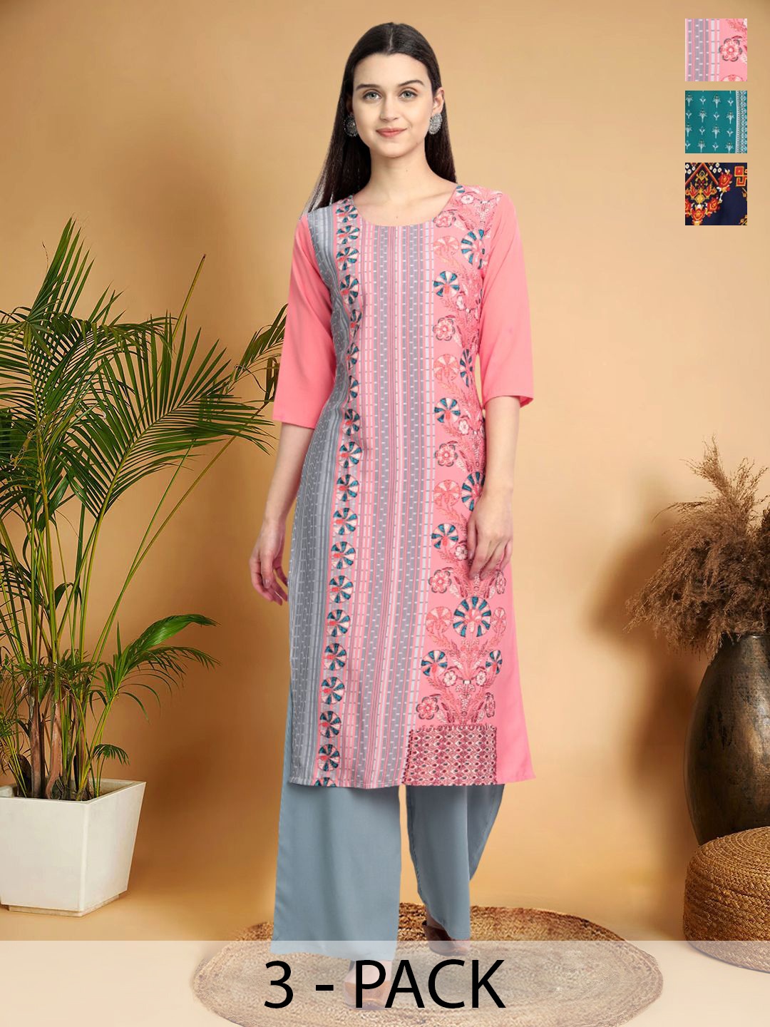 

7Threads Selection Of 3 Floral Printed Round Neck Straight Kurtas, Pink