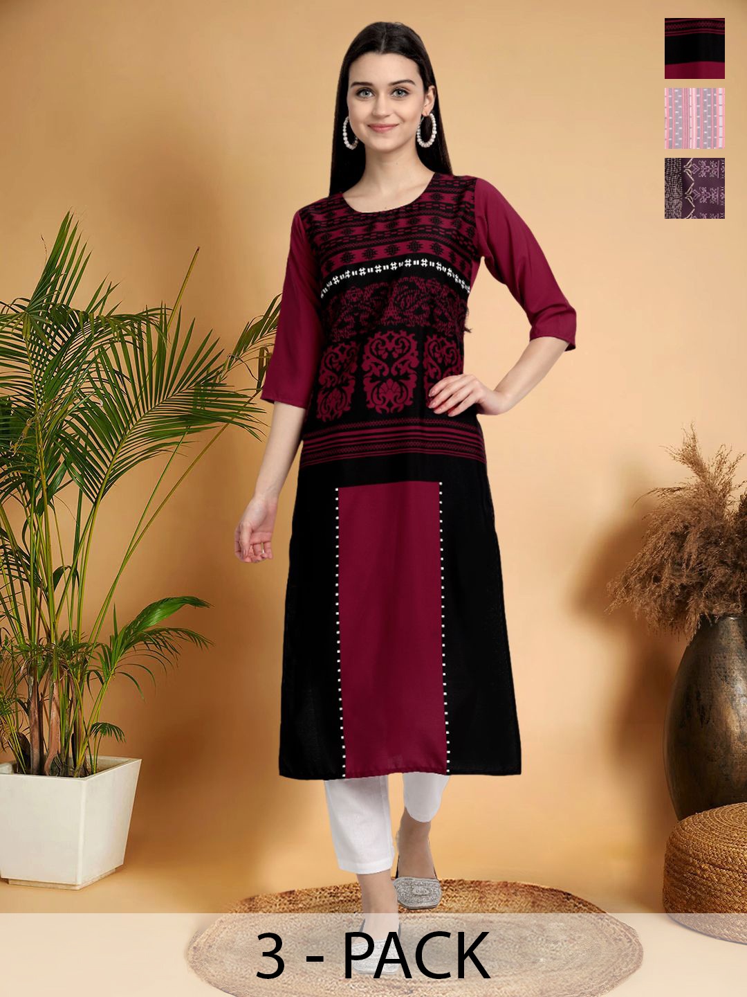 

7Threads Selection Of 3 Floral Printed Round Neck Kurtas, Pink