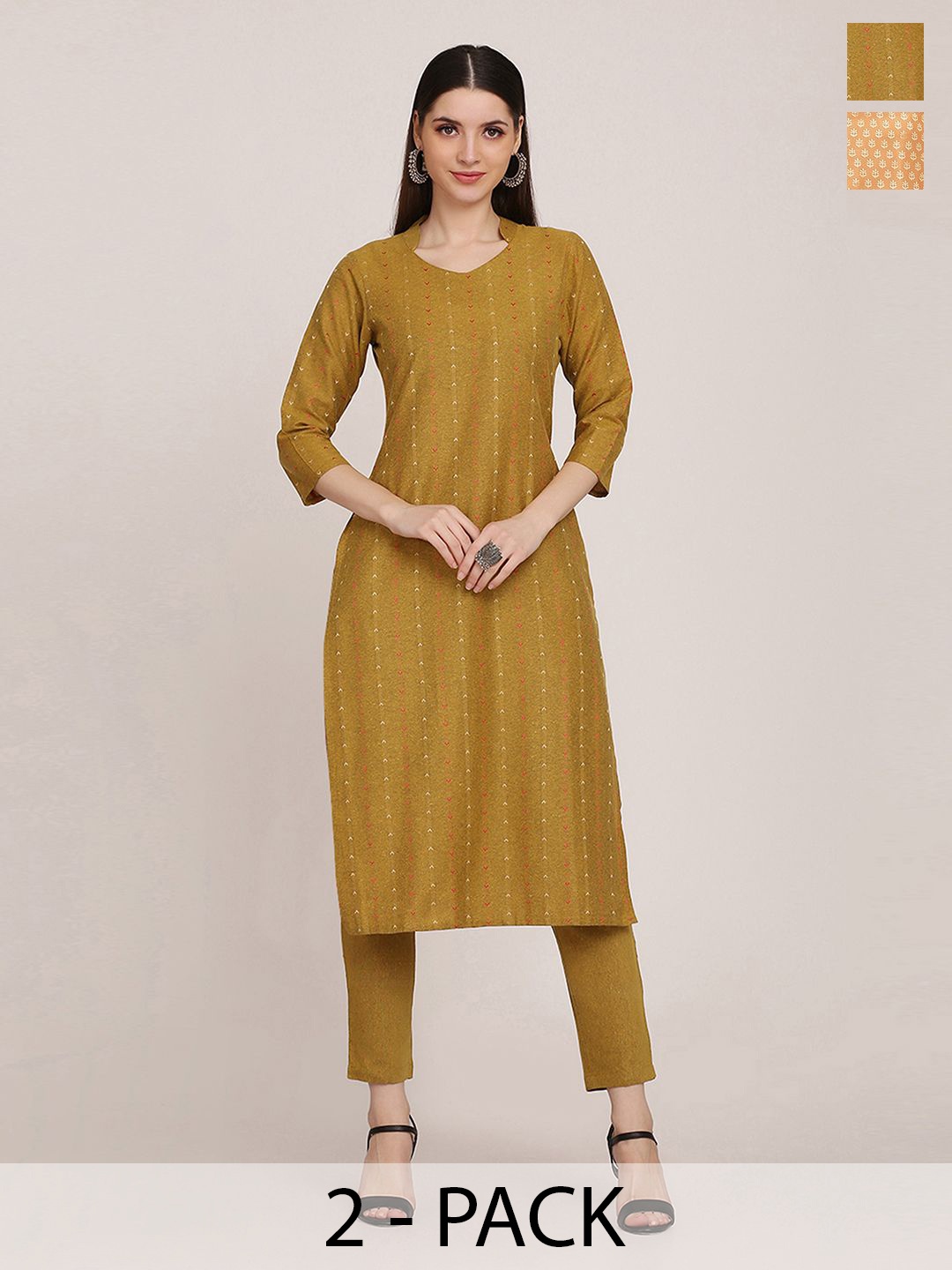 

KALINI Selection of 2 Striped Printed Mandarin Collar Straight Kurta with Trousers, Mustard