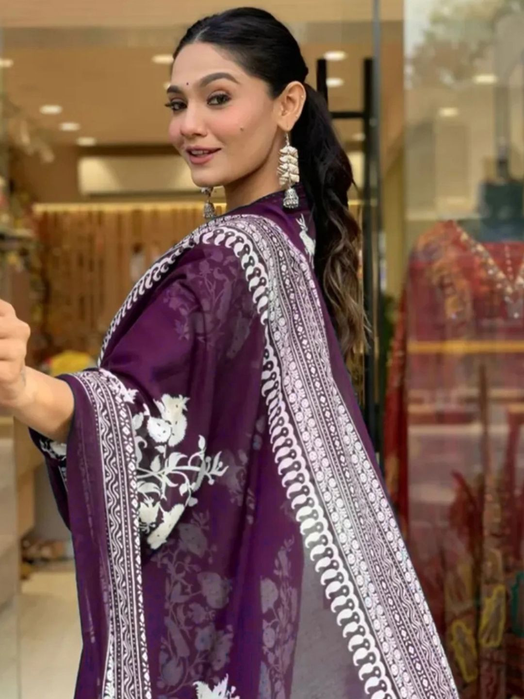 

KALINI Floral Printed Pure Cotton Kurta with Palazzos & With Dupatta Kurta Set, Purple