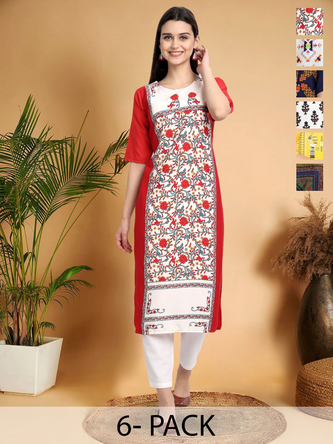 

7Threads Selection Of 6 Floral Printed Round Neck Straight Kurtas, White