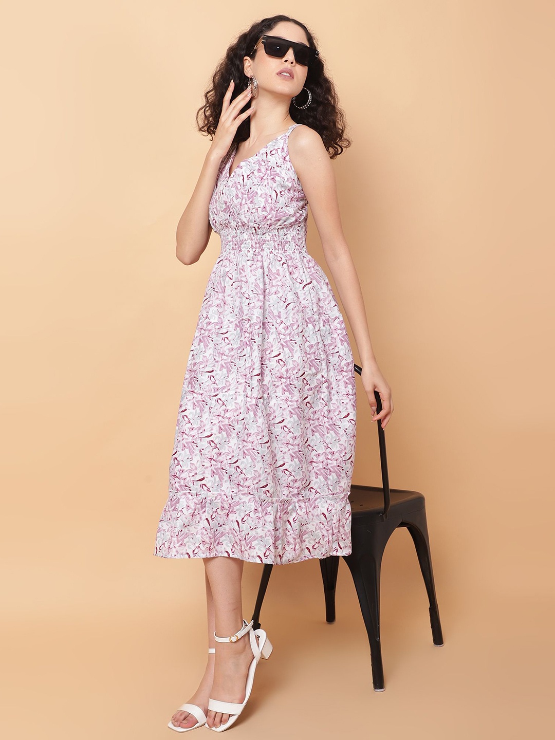 

ROSEMELON Floral Print Crepe Fit & Flare Midi Dress, Pink
