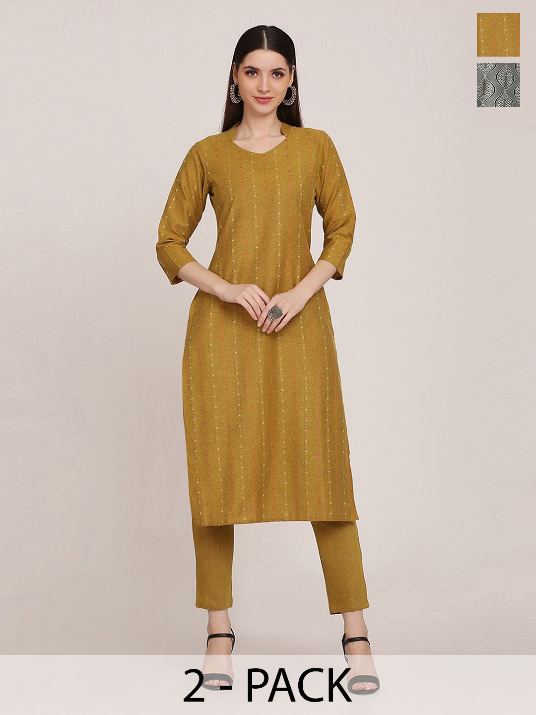 

KALINI Selection Of 2 Striped Straight Kurtas With Trousers, Mustard