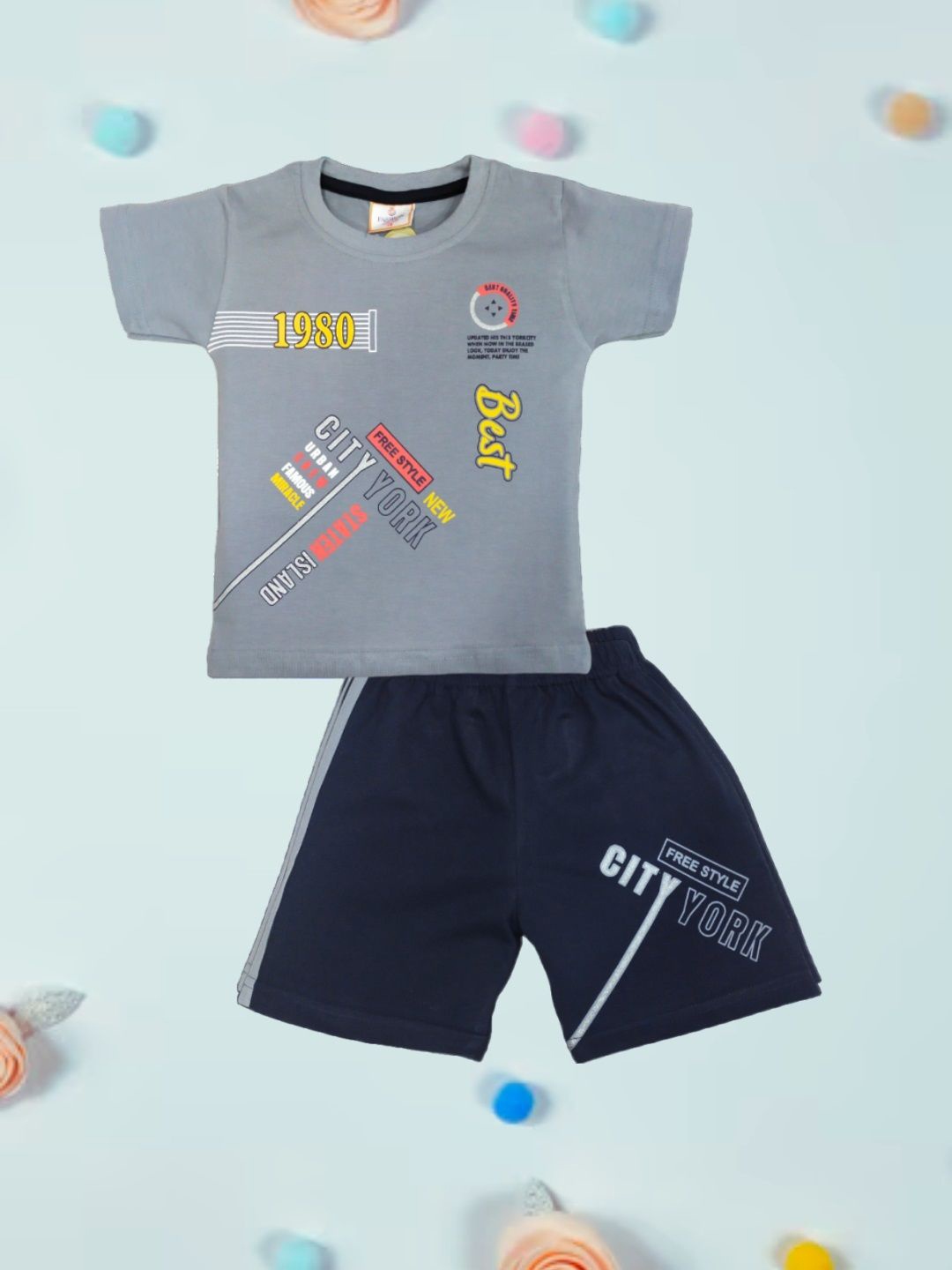 

FASHION GRAB Kids Printed Pure Cotton T-shirt With Shorts, Grey