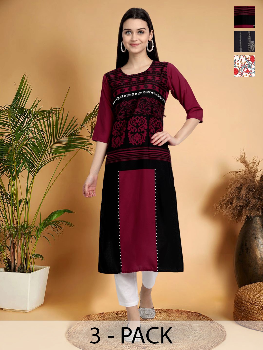 

7Threads Selection Of 3 Ethnic Motifs Printed Straight Kurtas, Maroon