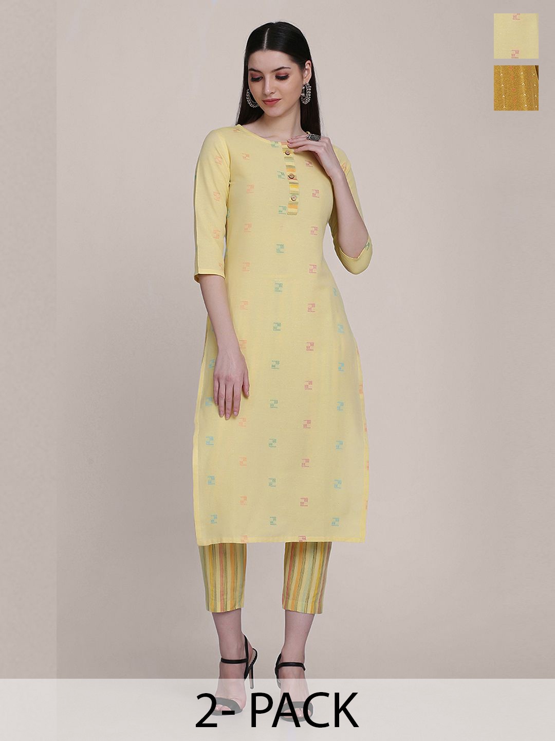 

KALINI Selection Of 2 Woven Design Straight Kurtas With Trousers, Yellow