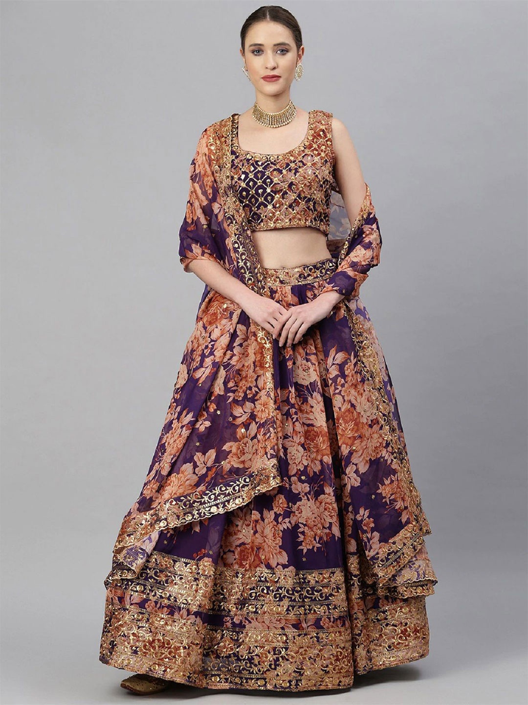 

DIVINE EXIM Embroidered Sequinned Organza Semi-Stitched Lehenga & Blouse With Dupatta, Purple