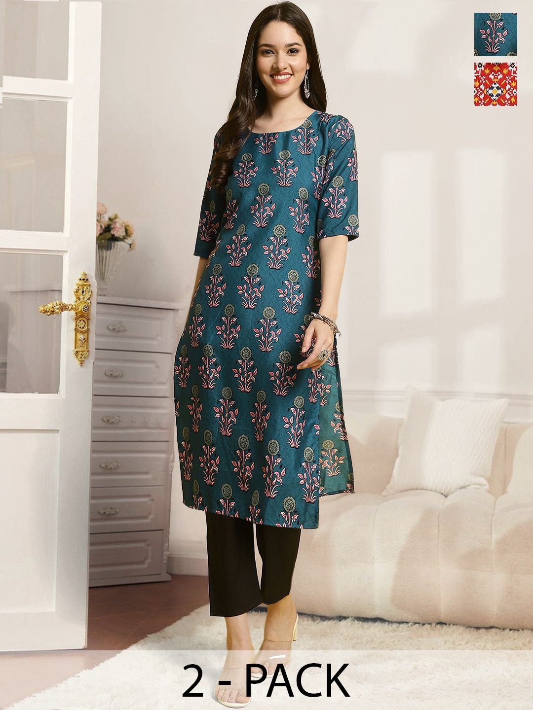 

7Threads Selection Of 2 Ethnic Motifs Printed Round Neck Straight Kurtas With Trousers, Teal