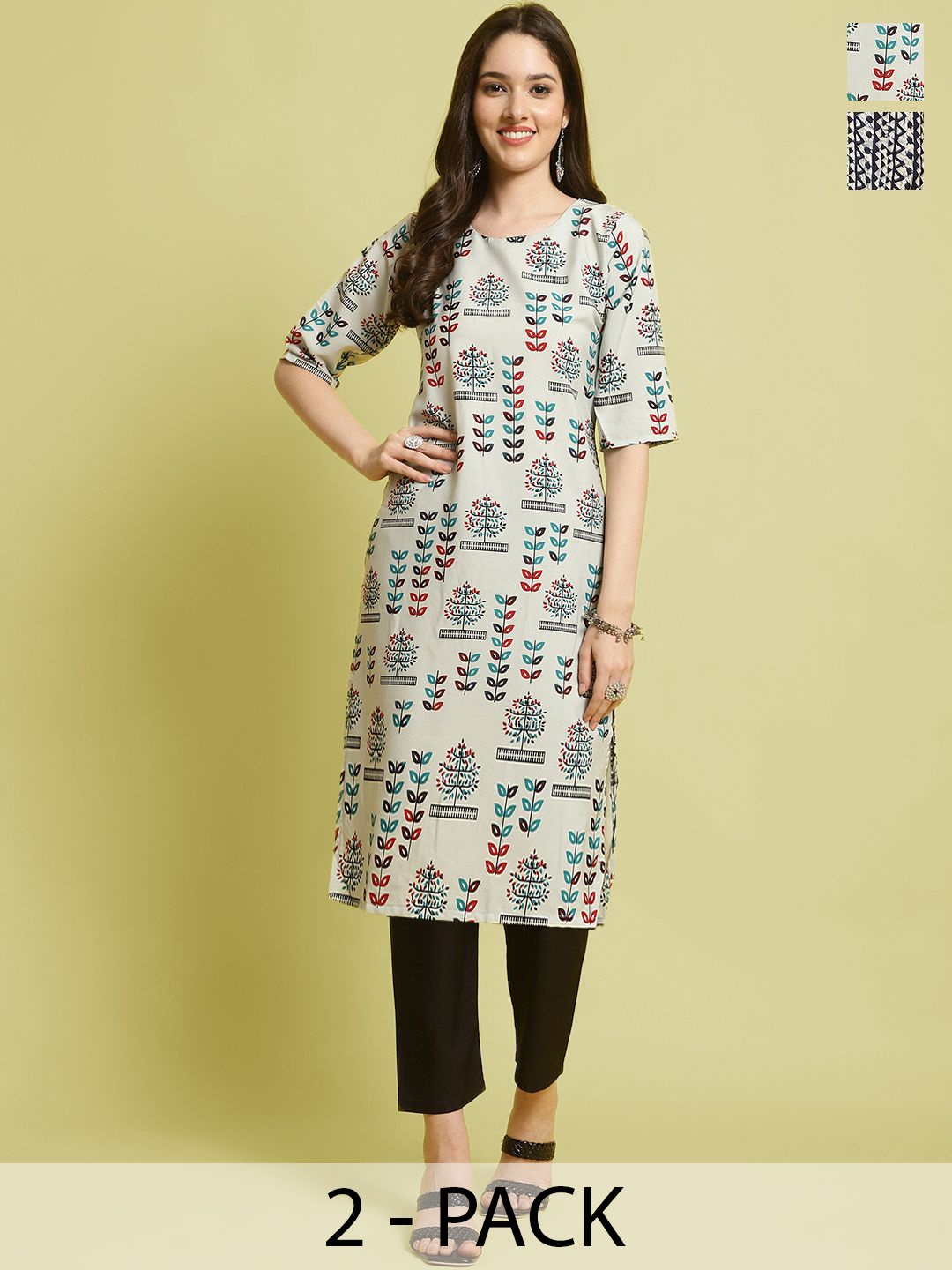 

7Threads Selection Of 2 Floral Printed Straight Kurtas With Trousers, Off white