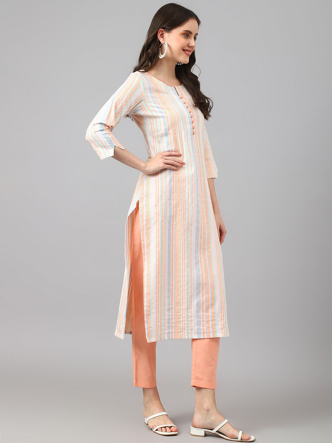 

KALINI Selection Of 2 Striped Notch Neck Straight Kurta WithTrousers, Peach