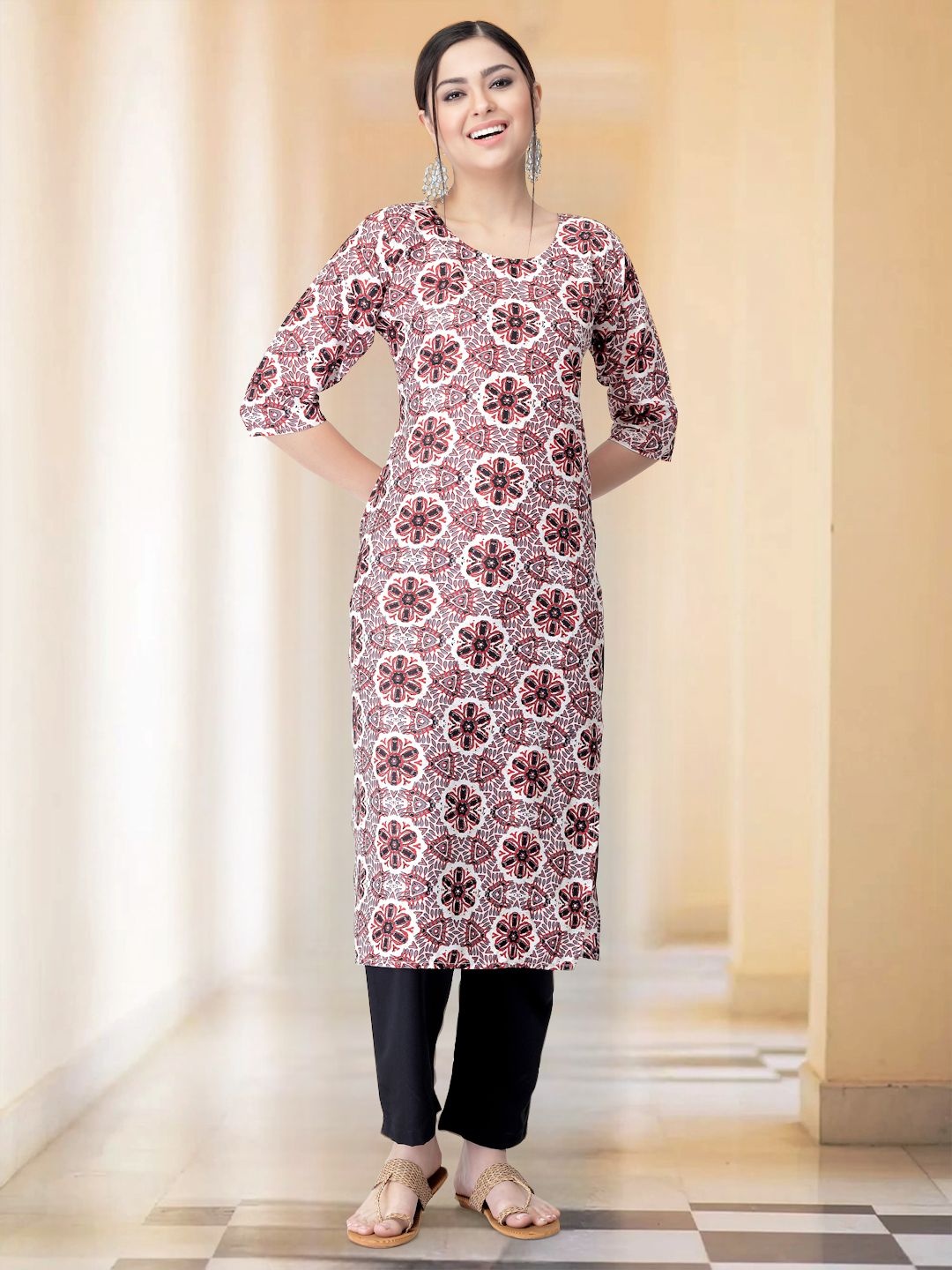 

7Threads Floral Printed Round Neck Straight Kurta With Trousers, White