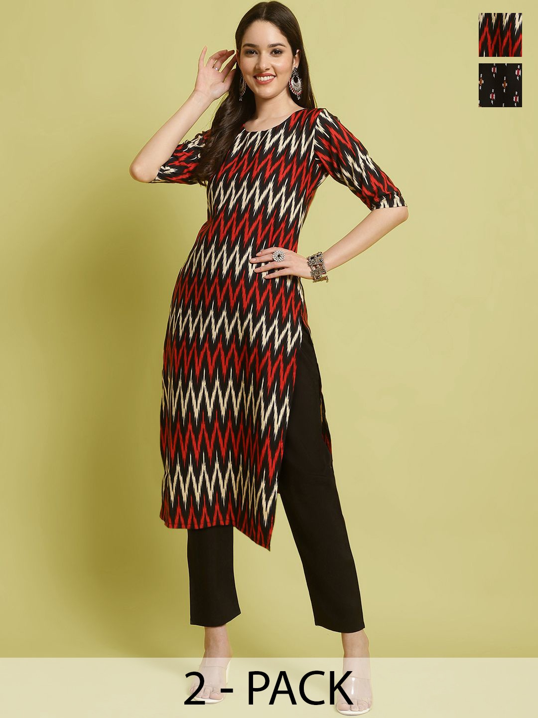 

7Threads Selection Of 2 Chevron Printed Round Neck Straight Kurta With Trousers, Red